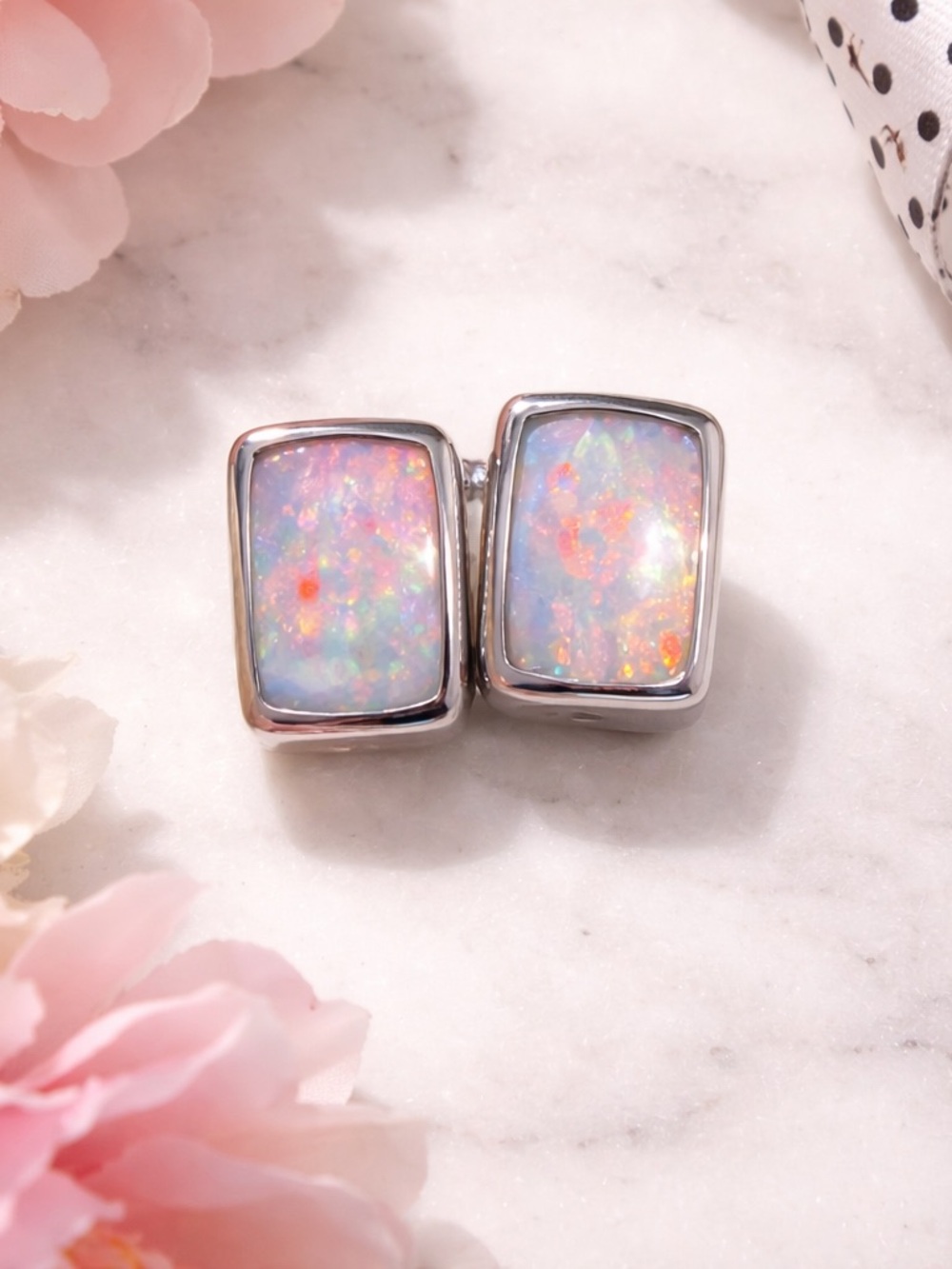 Sterling Silver Opal Rectangle Stud Earrings - Iridescent White